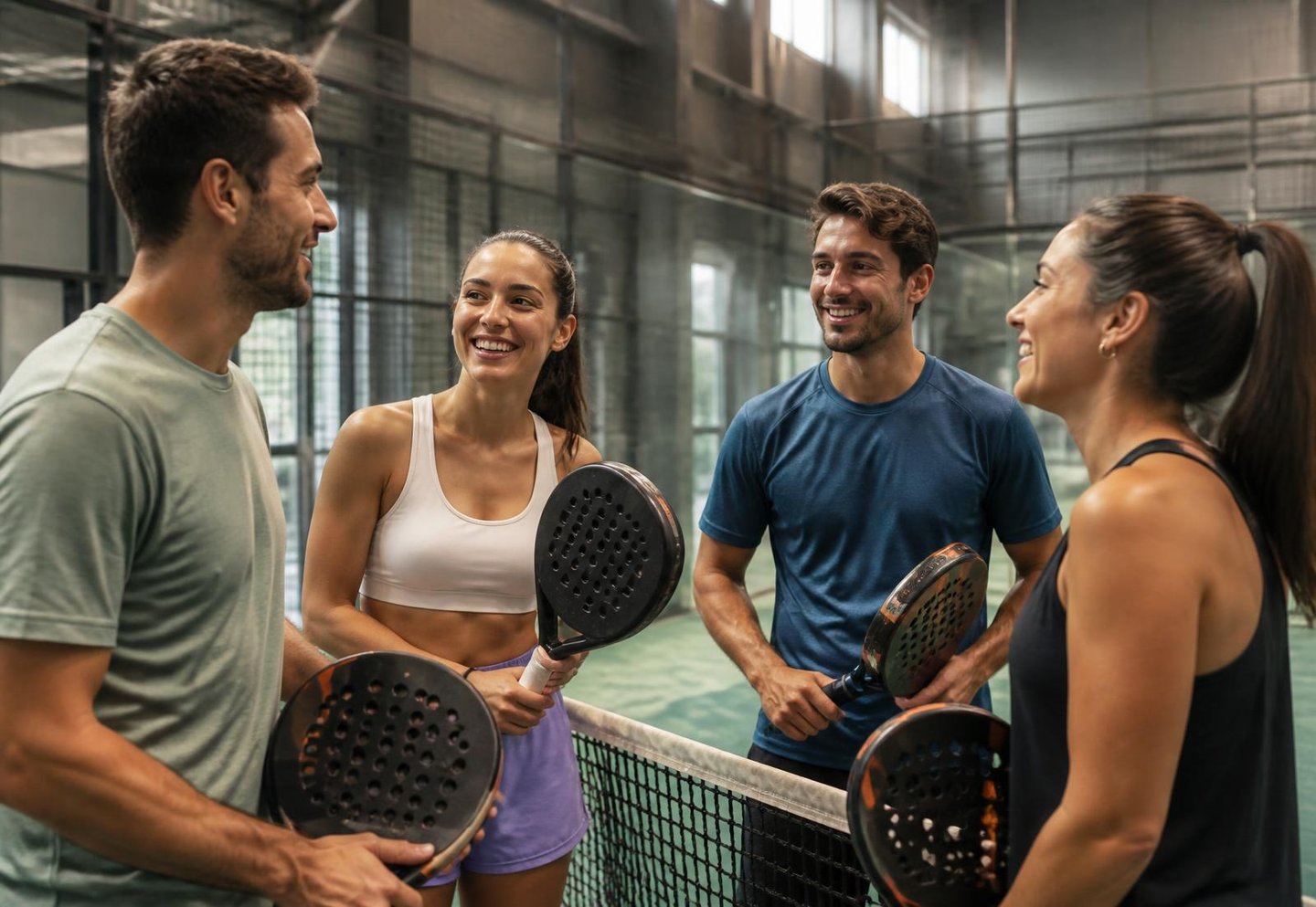Neljä padelpelaajaa juttelee verkolla ulkokentällä